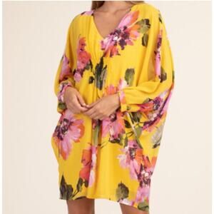 Trina Turk Mimosa Yellow Floral Print Shift Gentle Dress Small Resort‎ Summer